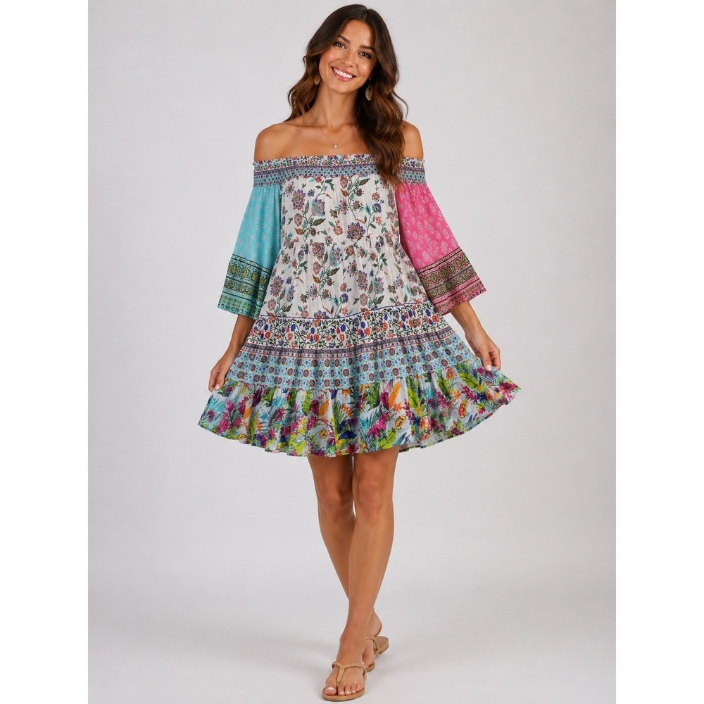 Ruby Yaya Off Shoulder Dress Womens Small Multi Floral Mixed Print Boho Tiered